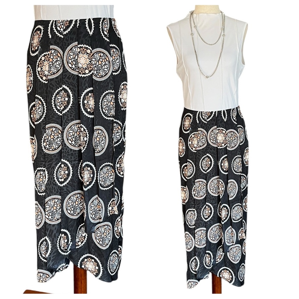 Joie Satin Black and Cream Printed Elastic-Waist Faux Wrap Pleated Midi Skirt